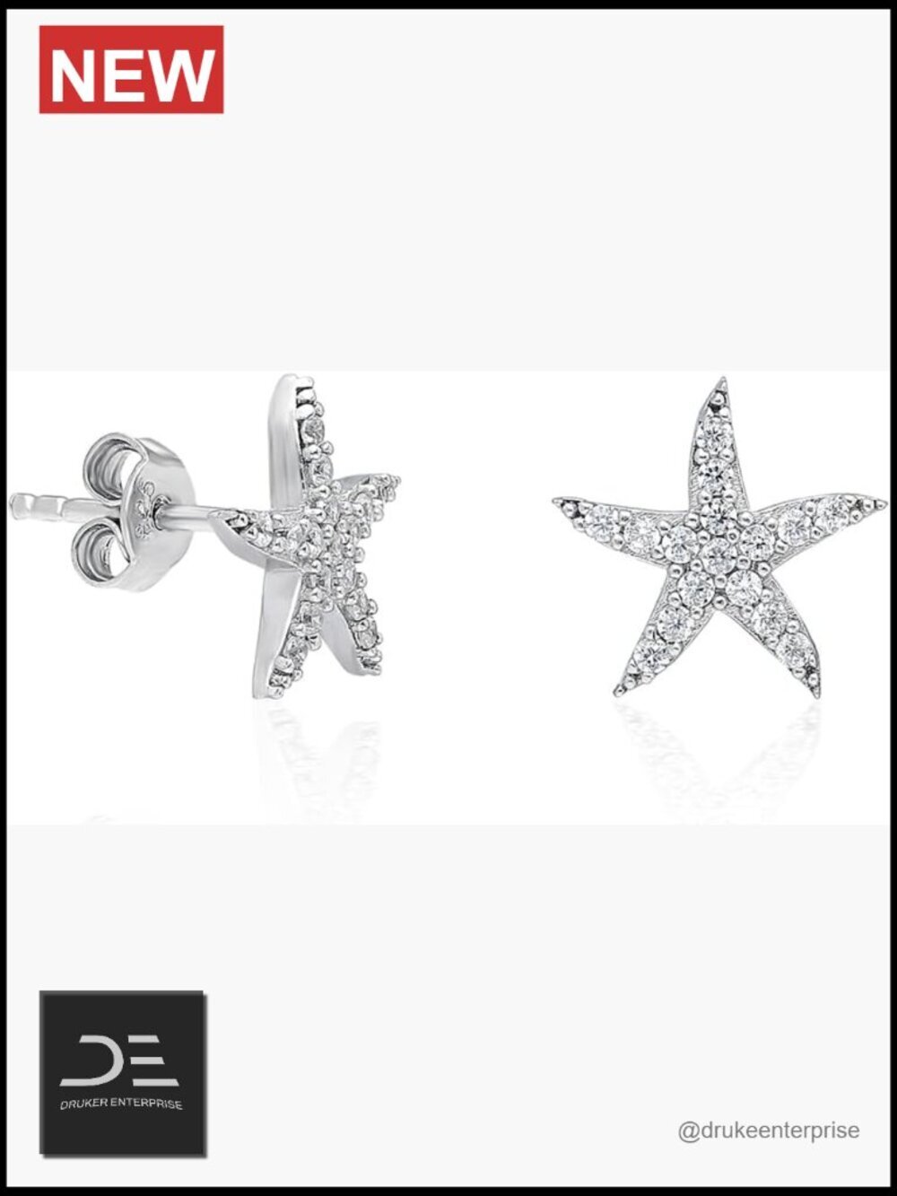 925 Sterling Silver Rhodium Plated Starfish Earrings Zircon Stud